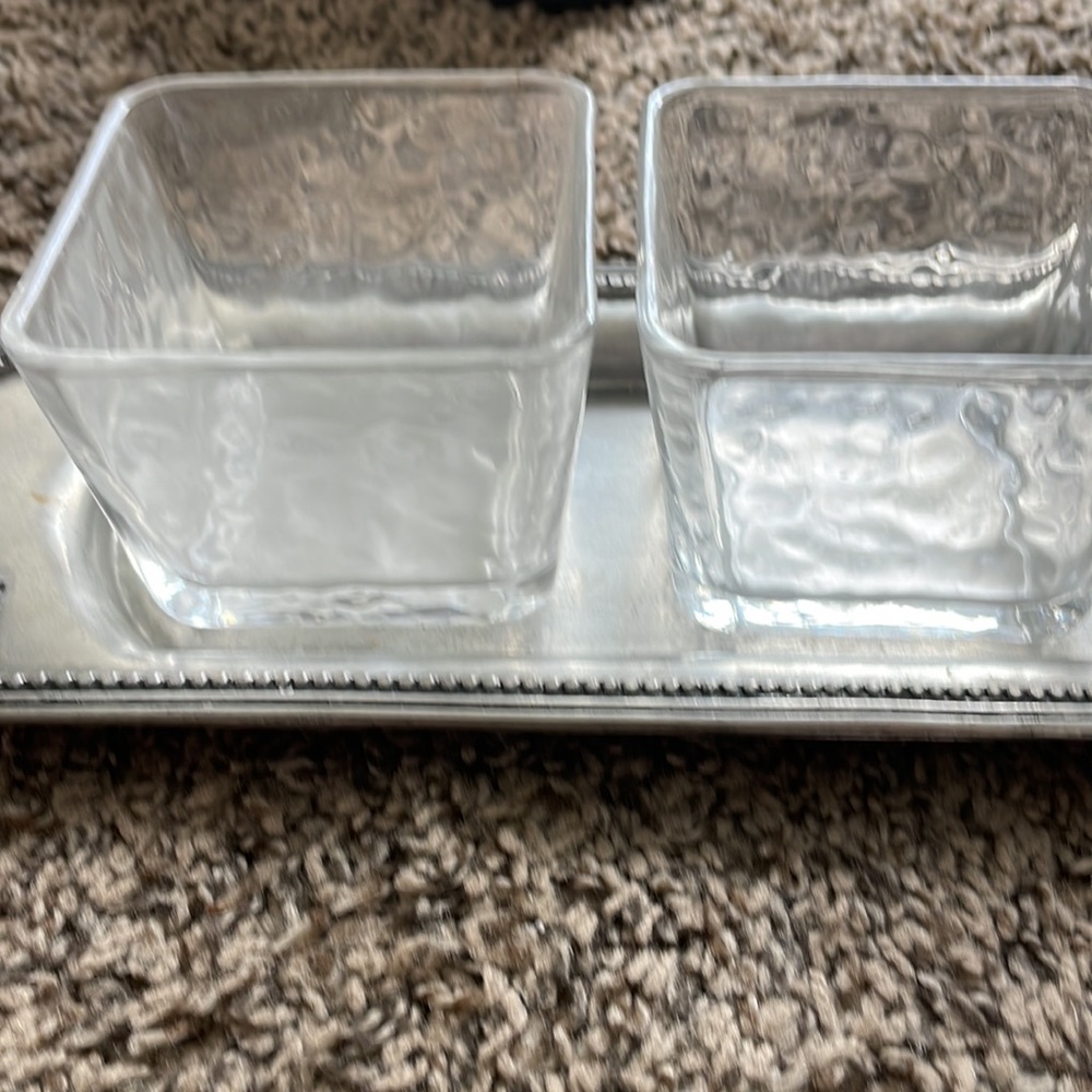 Southern Living Condiment Server 3 glass bowls and one pewter tray - Picture 2 of 4